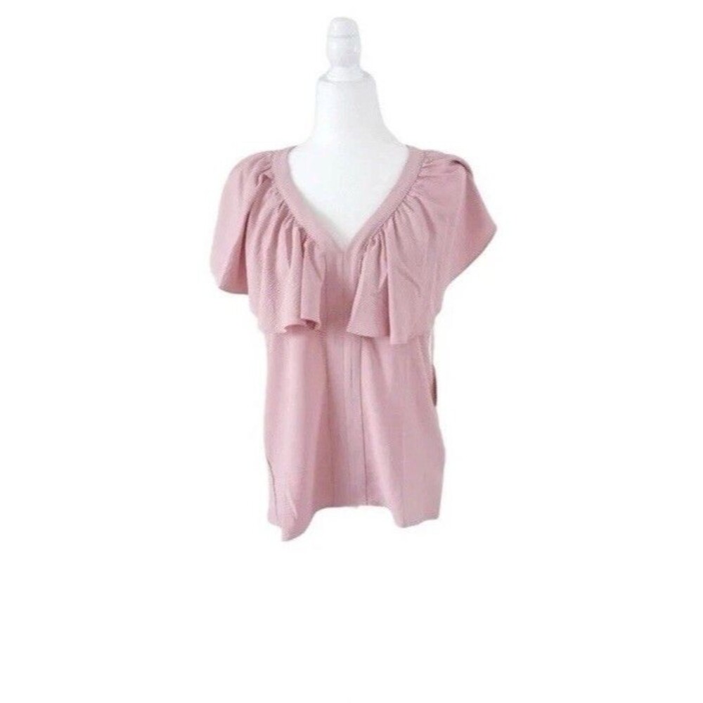 Misia Women Ruffle V-Neck Blouse Size M Rose Pink Short Sleeve NWT Measurements
